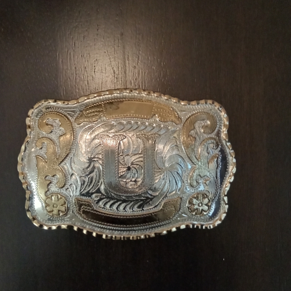 Silver and Gold Western LETTER U  Belt Buckle - Picture 2 of 3